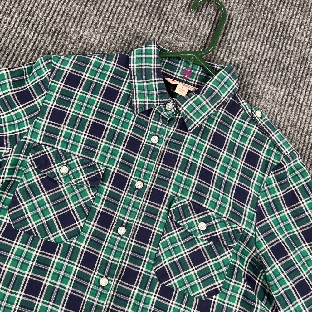 Brooks Brothers Red Fleece Shirt Womens 8 Green Navy Plaid Long Sleeve Button Up